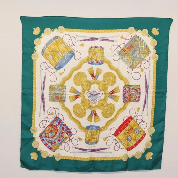 HERMES Carre 90 Scarf ""LES TAMBOURS"" Silk Green Auth hk3098 - Picture 2 of 8